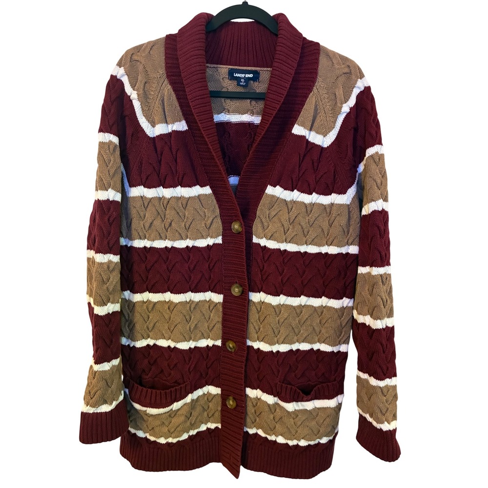 Lands End Drifter Womens XL Cable Knit Cardigan Shawl Collar Striped Cotton